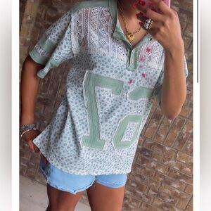 POL Number Floral Crochet Button Detail Half Sleeve Top